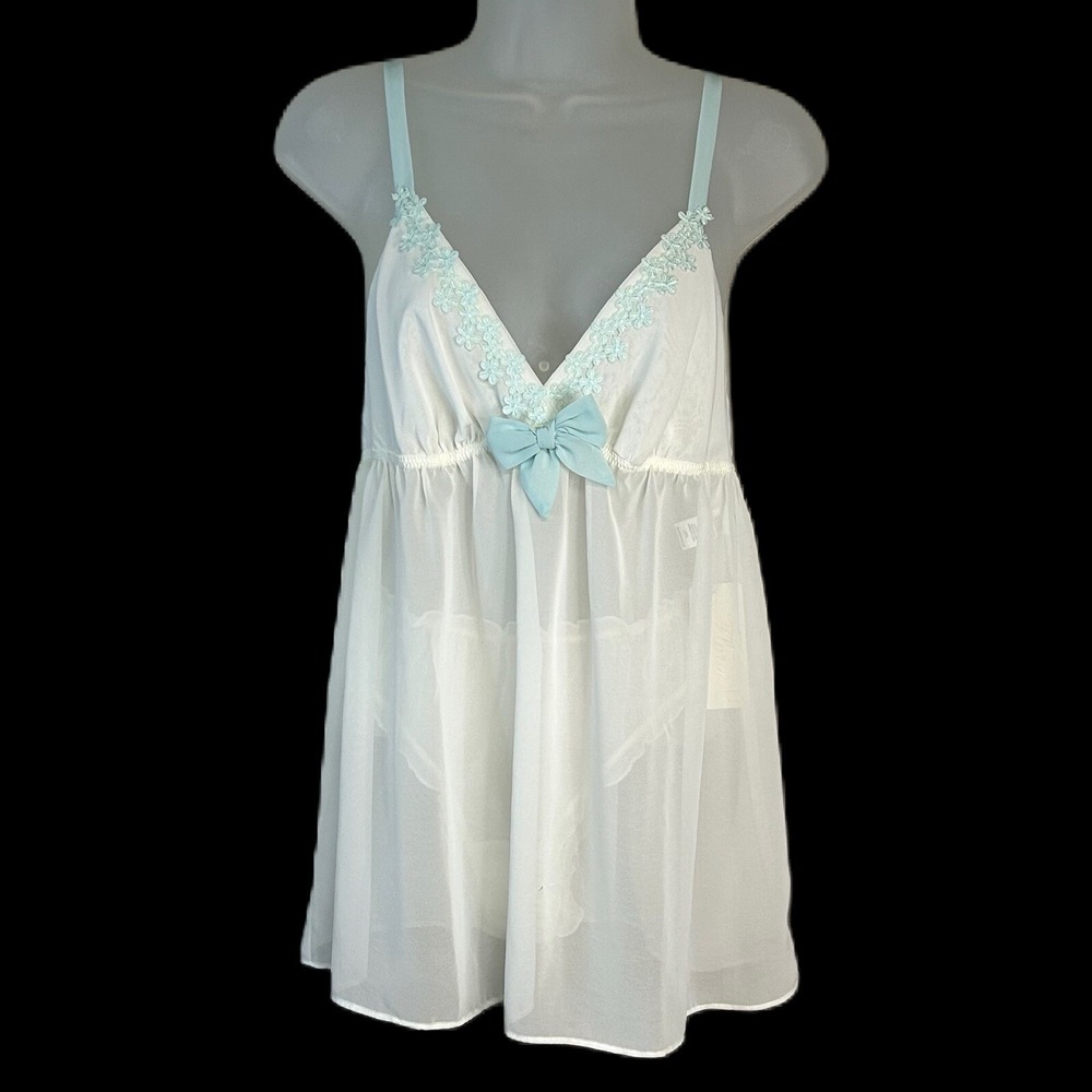 Flora Sheer Chemise Nightie L 2 Pc Set Lace Boudoir Coquette Lingerie White